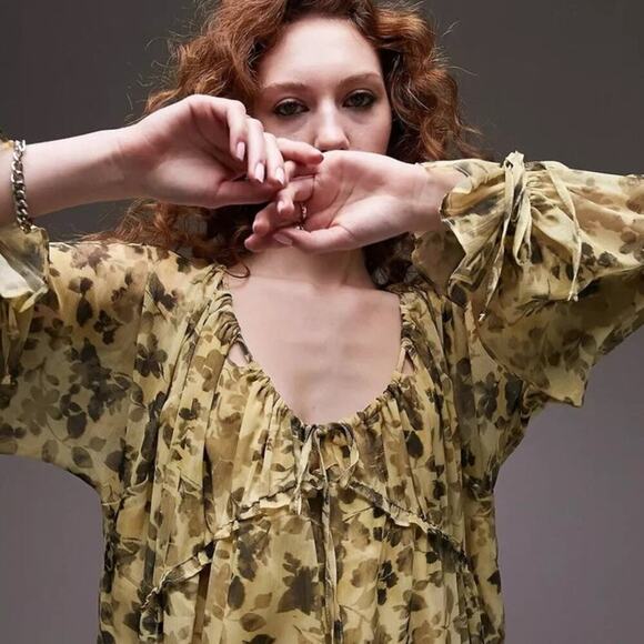 Topshop Dress Floral Print Cut Out Tie Neck Chuck On Ruffle Mini Yellow Black 2 - Picture 3 of 12